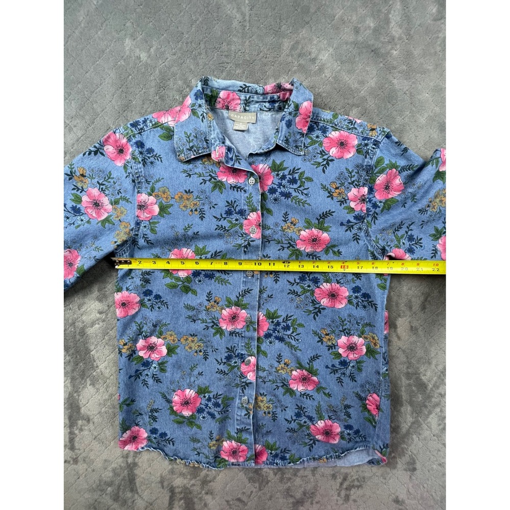 Vintage 90s CAPACITY Women M Denim Floral Shirt Blue Pink Button Up Long Sleeve - Picture 6 of 13